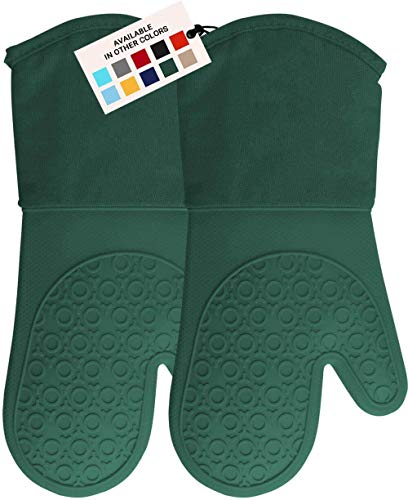 HOMWE Silicone Oven Mitt, Oven Mitts with Quilted Liner, Heat Resistant Pot Holders, Slip Resistant Flexible Oven Gloves, Green, 1 Pair, 13.7 Inch