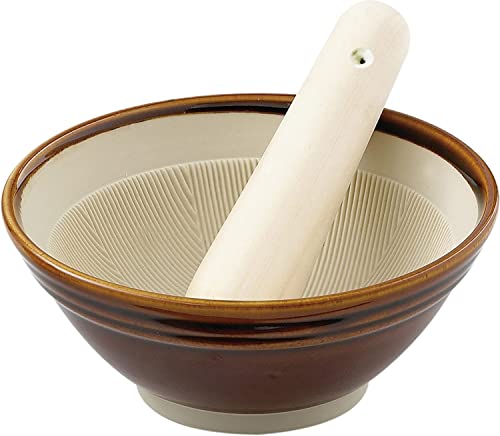 Polly's Home Japanese Mortar and Pestle Set - Versatile Wooden Pestle and Mortar for Crushing Sesame Seeds, Garlic and Herbs - Ergonomic Japanese Suribachi Set - Ceramic Mortar Bowl Herb Grinder