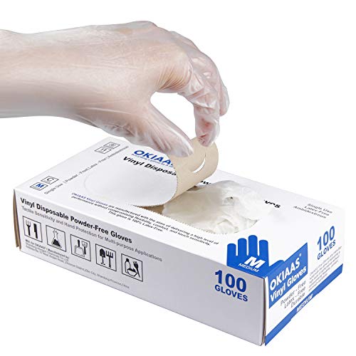 OKIAAS Disposable Gloves M| Latex and Powder-Free Clear Vinyl Gloves for Household, Food Handling, Lab Work and More| Medium,100 Counts/Box