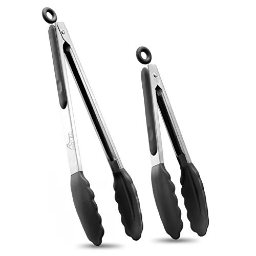 Hotec Premium Stainless Steel Locking Kitchen Tongs with Silicon Tips, Set of 2-9" and 12"