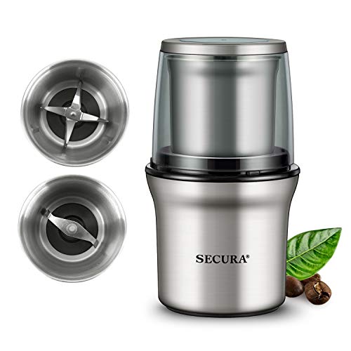 Secura Electric Coffee Grinder and Spice Grinder with 2 Stainless Steel Blades Removable Bowls