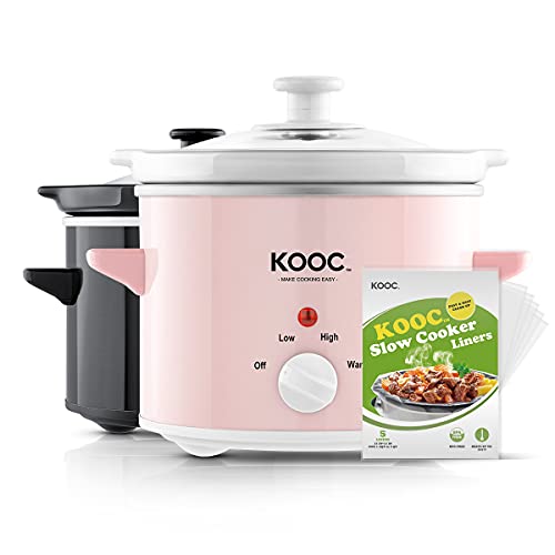 [NEW] KOOC Small Slow Cooker, 2-Quart, Free Liners Included for Easy Clean-up, Upgraded Ceramic pot, Adjustable Temp, Nutrient Loss Reduction, Stainless Steel, Pink, Round