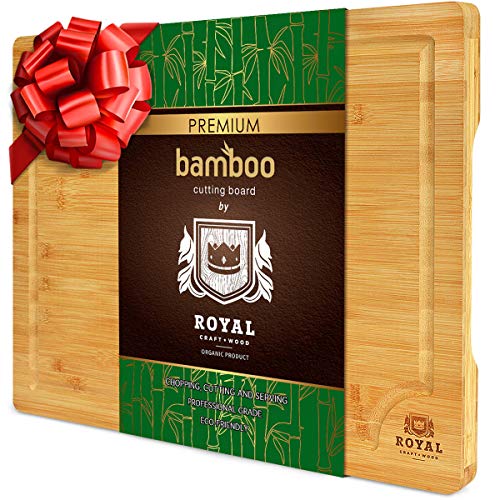 EXTRA LARGE Organic Bamboo Cutting Board with Juice Groove - Kitchen Chopping Board for Meat (Butcher Block) Cheese and Vegetables | Anti Microbial Heavy Duty Serving Tray w/Handles - 18 x 12"
