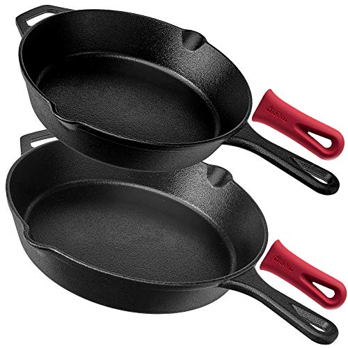 Pre-Seasshioned Cast Iron Skillet 2-Piece Set (10-Inch and 12-Inch) Oven Safe Cookware - 2 Heat-Resistant Holders - Indoor and Outdoor Use - Grill, Stovetop, Induction Safe