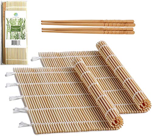 Bamboo Sushi Rolling Mat with 2 Pairs of Chopsticks Natural Bamboo 9.5"x9.5" 2 PCS Sushi Making Kit