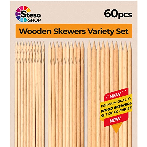 StesoSHOP Wooden Skewers Premium Quality – Set of 60 Beech Wood Skewers 12-inch – Practical Wooden Sticks for Appetizers Fruits Kebab – Durable and Sturdy – Solid Wood – Suitable for Crafts and Food