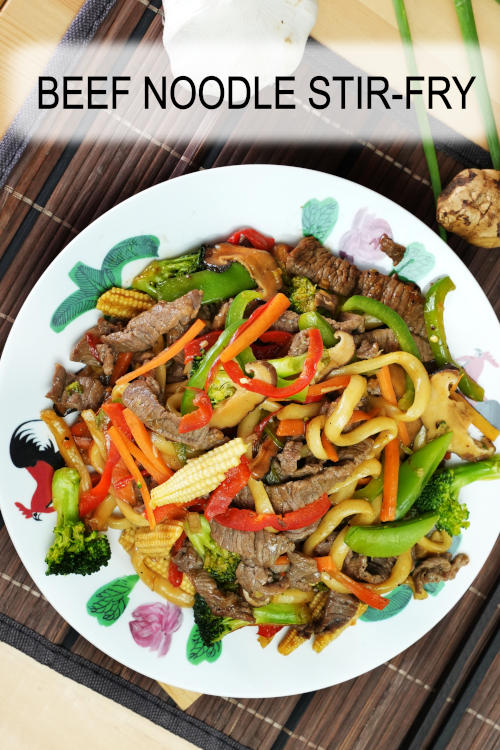 Tasty beef noodle stir-fry with pepper steak slices and Chinese stir-fry sauce. Easy to prepare in 20 minutes.