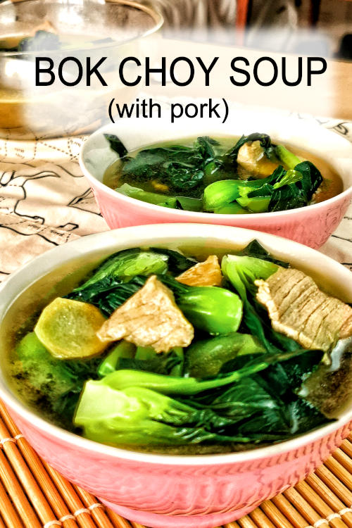 Bok choy soup is a typical quick and easy soup for the Cantonese. It is prepared by boiling the bok choy in a broth with some meat, commonly pork slices.