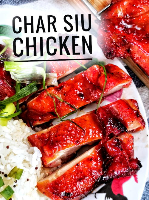 Char siu can be prepared with chicken, not just pork alone.  Here is the recipe for char siu chicken. 
Cha siu chicken is an improvisation from the traditional cha siu prepared with pork belly and shoulder loin. The flavor of char siu chicken is as good as pork when it is made with skin-on deboned chicken thigh.
