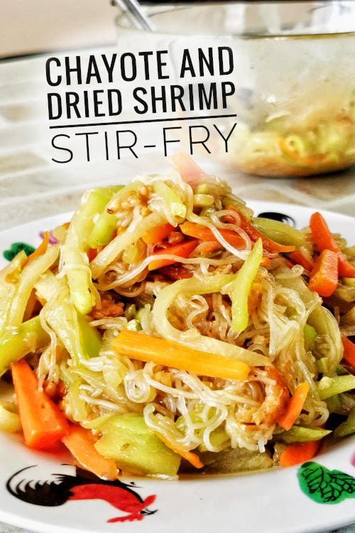 Stir-fry chayote squash recipe with dried shrimp and glass noodles. It can be substituted with a hairy gourd. An old-school Cantonese home-cooked recipe.