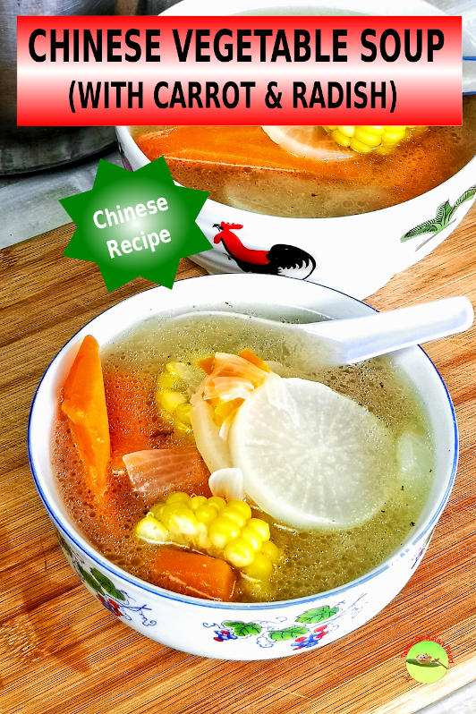 This Chinese vegetable soup is a clear soup with carrot and radish. The soup base is prepared from the chicken bone from scratch.