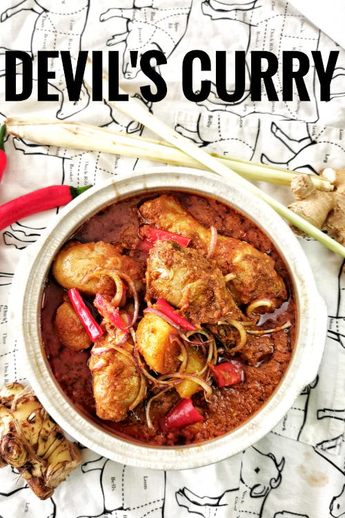 Devil’s curry is the name given to traditional dishes from Malacca’s Portuguese community. It is another name given to the Debal curry, which is usually served during Christmas. The curry is supposed to be very spicy (which I toned down the heat in my recipe), and the color looks fiercely hot and spicy, which is why it is fondly called Devil’s curry.
