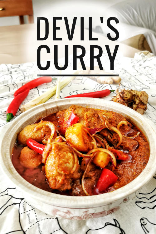 Devil’s curry is the name given to traditional dishes from Malacca’s Portuguese community. It is another name given to the Debal curry, which is usually served during Christmas. The curry is supposed to be very spicy (which I toned down the heat in my recipe), and the color looks fiercely hot and spicy, which is why it is fondly called Devil’s curry.
