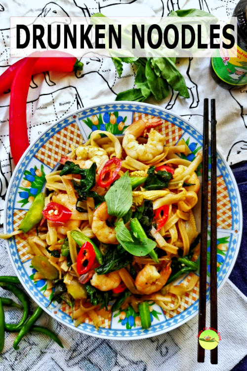 This recipe shows you how to stir-fry Thai drunken noodles (phad kee mao, pad kee mow) that are spicy with plenty of basil.