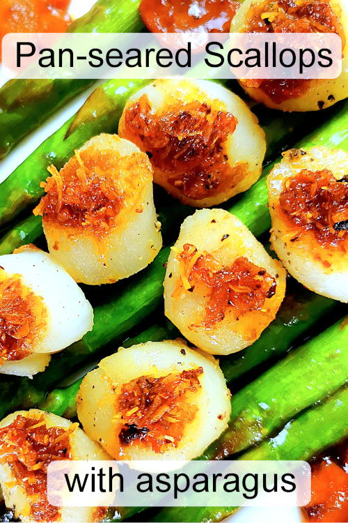 Pan-seared scallops recipe with asparagus stir-fry. An easy Cantonese-style recipe. It is topped with XO sauce for an incredible flavor.