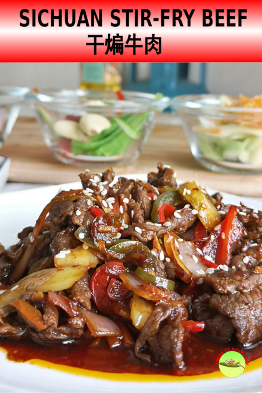 Szechuan beef stir-fry recipe (also called dry-fried beef / 干煸牛肉) is prepared with Szechuan sauce comprises of chili oil, doubanjiang and Szechuan peppercorns. Known to have a bold and intense flavor. 