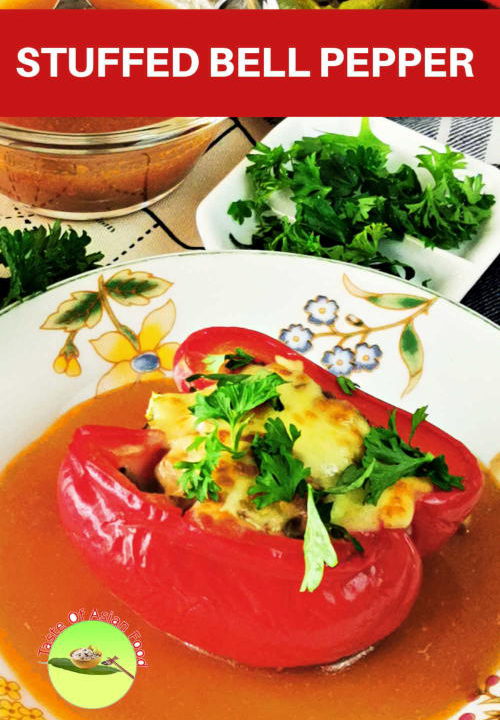 This is  stuffed bell pepper with ground beef and dried shitake mushroom, seasoned with soy sauce and Worcestershire sauce.  The peppers are steamed in the Cantonese way and served with the gravy created with the liquid released during steaming. 
