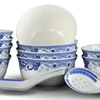 10 Pcs Fine Bone China Blue and White Bowl, with Free 10 Porcelain Spoons, Rice Bowl, Cereal Bowl, Soup Bowl, Fruit Bowl Set